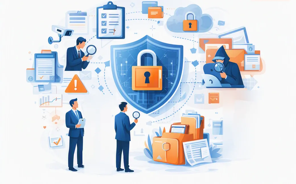Illustration : un bouclier et un cadenas entourés d’experts en audit, sécurité, enquête interne et analyse de preuves