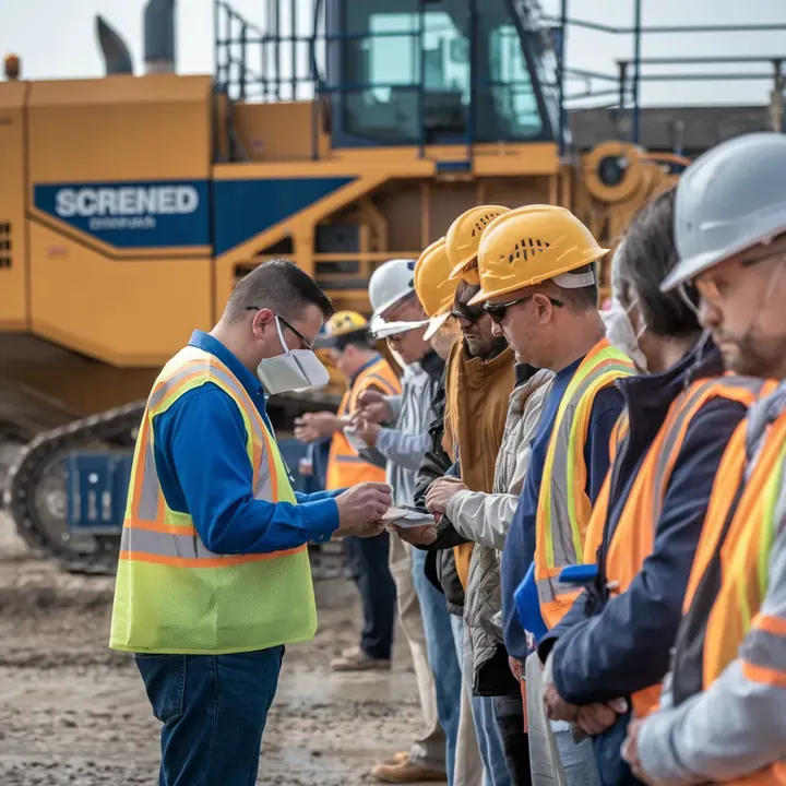 Dépistage de stupéfiants sur un chantier BTP : salariés en gilets de sécurité passant un test salivaire
